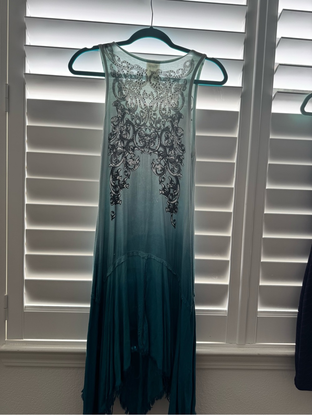 Vocal Teal Ombre Embellished Handkerchief Dress - Picture 3 of 6